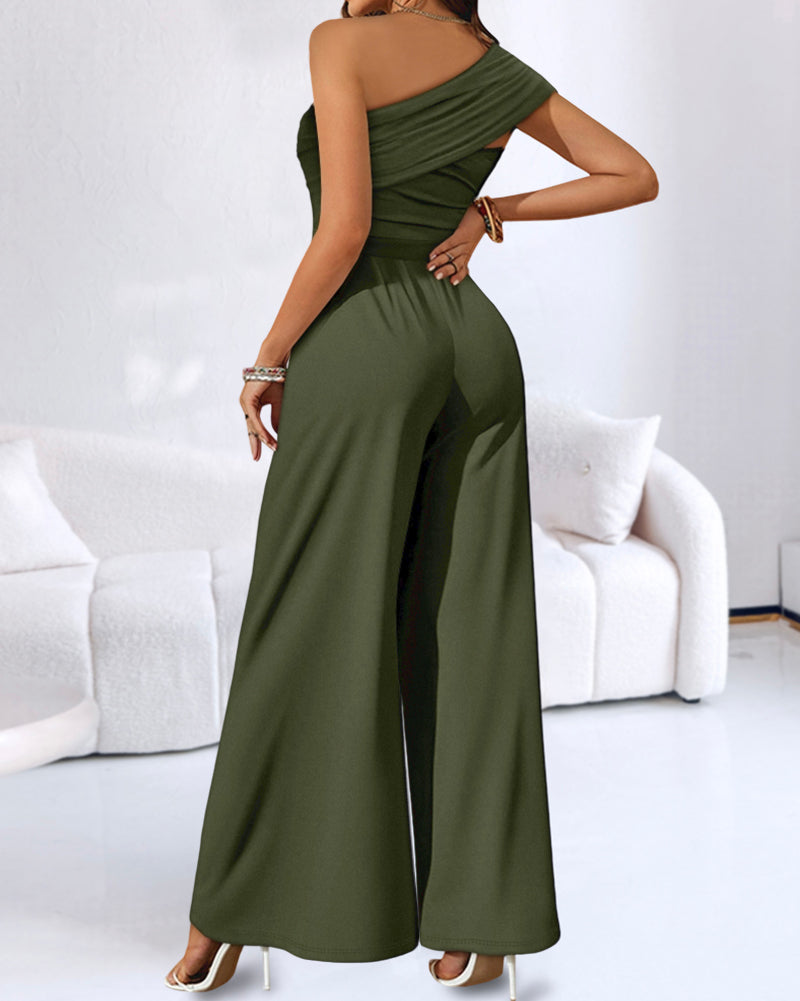 Cold Shoulder Ruched Buckle Wide Leg Jumpsuit