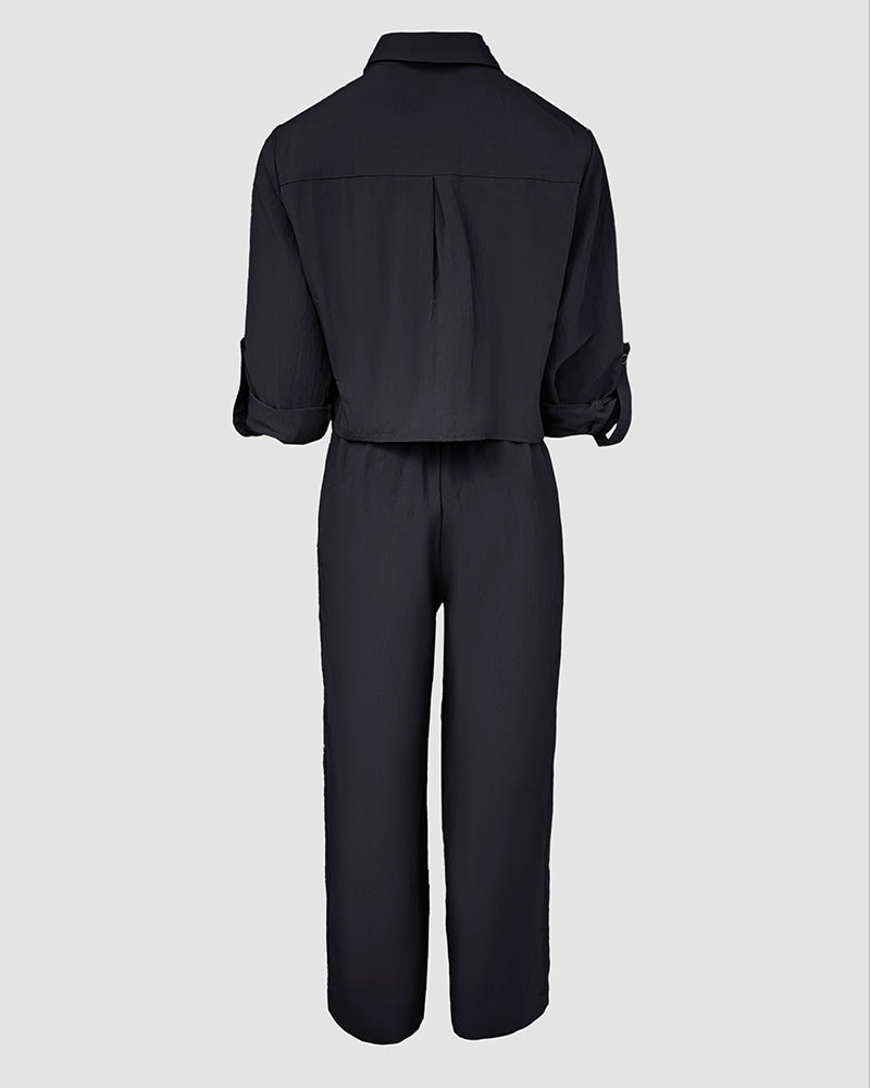 2 Pieces Outfit Turn-down Collar Turn-Up Sleeves Button Front Flap Pockets Design Top and Causal Zipper Fly Elastic Back Waist Wide Leg Pants Set