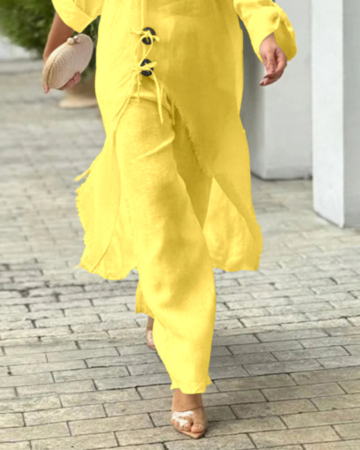 2 Pieces Outfit Button Decor One Shoulder Turn-Up Sleeves Slit Raw Edges Top and Casual Drawstring Elastic Waist Wide Leg Pants Set