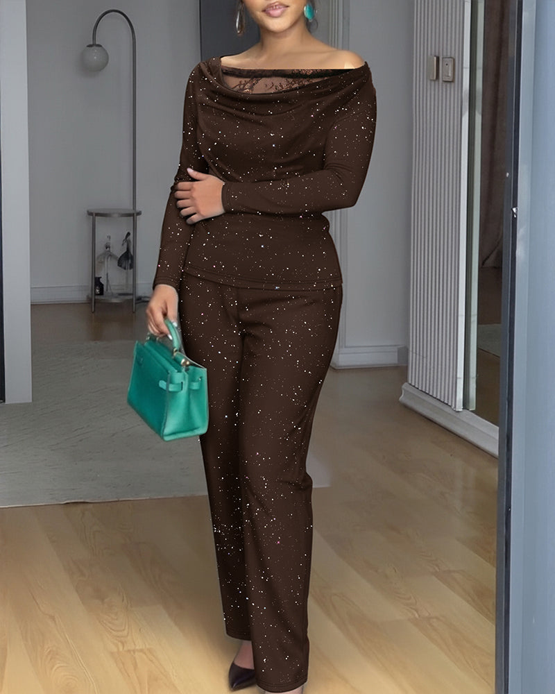 2 Pieces Outfit Cowl Neck Lace Spliced Long Sleeve Top and Elastic Waist Wide Leg Pants Set Casual Glitter Set
