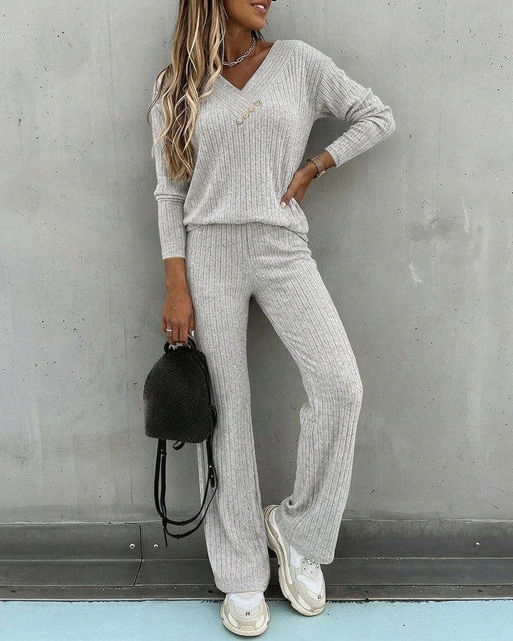 2 Pieces Outfit Button Decor V-Neck Long Sleeve Top and Elastic Waist Straight Leg Pants Set Casual Ribbed Set