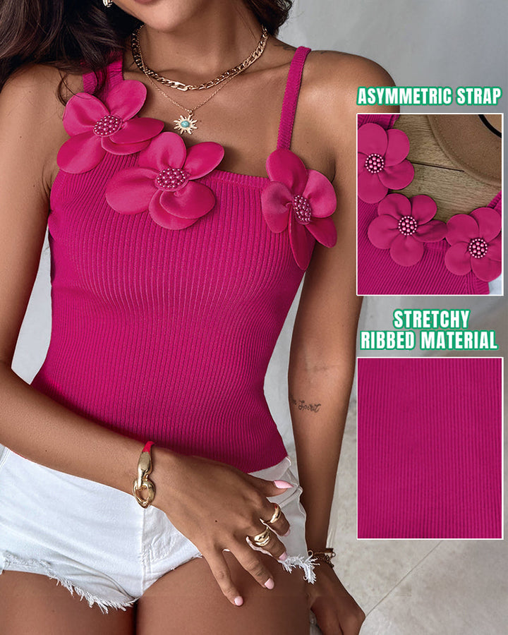 1PC Floral Pattern Beaded Decor Knit Tank Top Sleeveless Shirt
