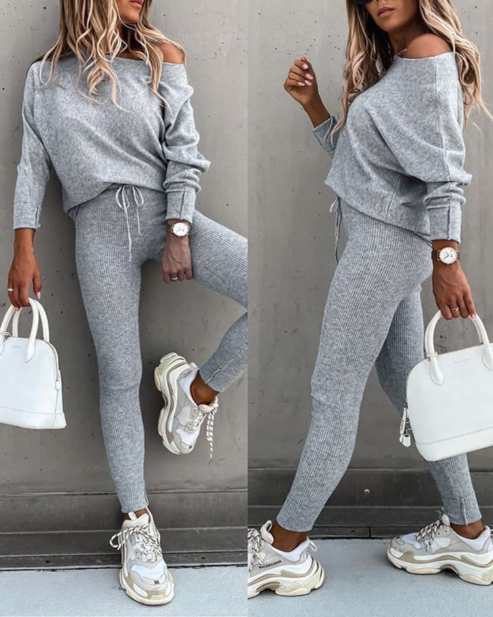 2 Pieces Outfit Skew Neck Long Sleeve Loose Pullover Top and Drawstring High Waist Slim Fit Pants Set