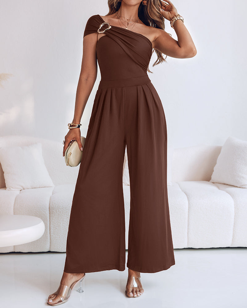 Cold Shoulder Ruched Buckle Wide Leg Jumpsuit