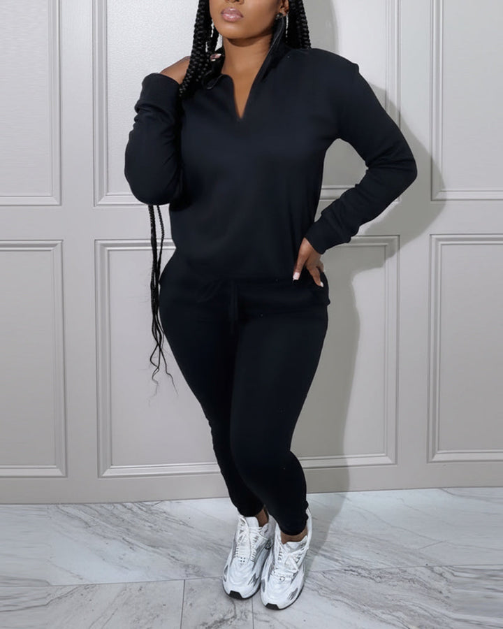 2 Pieces Outfit High Neck Half Zip Drop Shoulder Top and Drawstring Elastic Waist Slim Fit Jogger Pants Set Casual Tracksuit