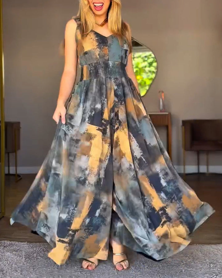 Abstract Oil Painting Print V-Neck Stretchy Thick Straps High Waist Backless Overalls Casual Shirred Waist Cinched Waist Wide Leg Jumpsuit