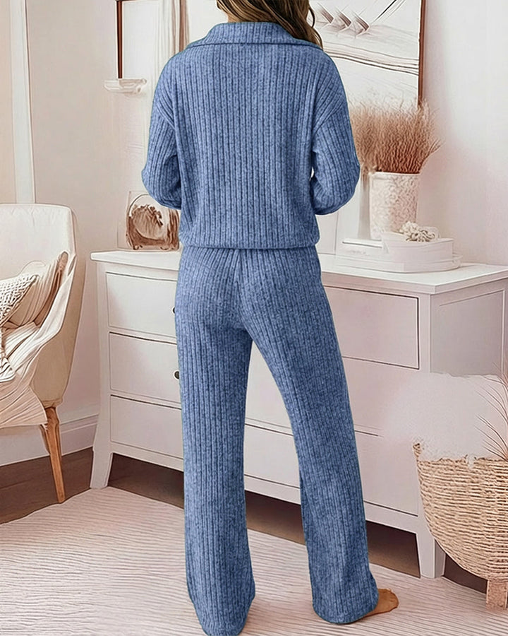2 Pieces Outfit Turn-down Collar Long Sleeve Drop Shoulder Half Zipper Front Top and Elastic Waist Pants Set Casual Brushed Ribbed Set