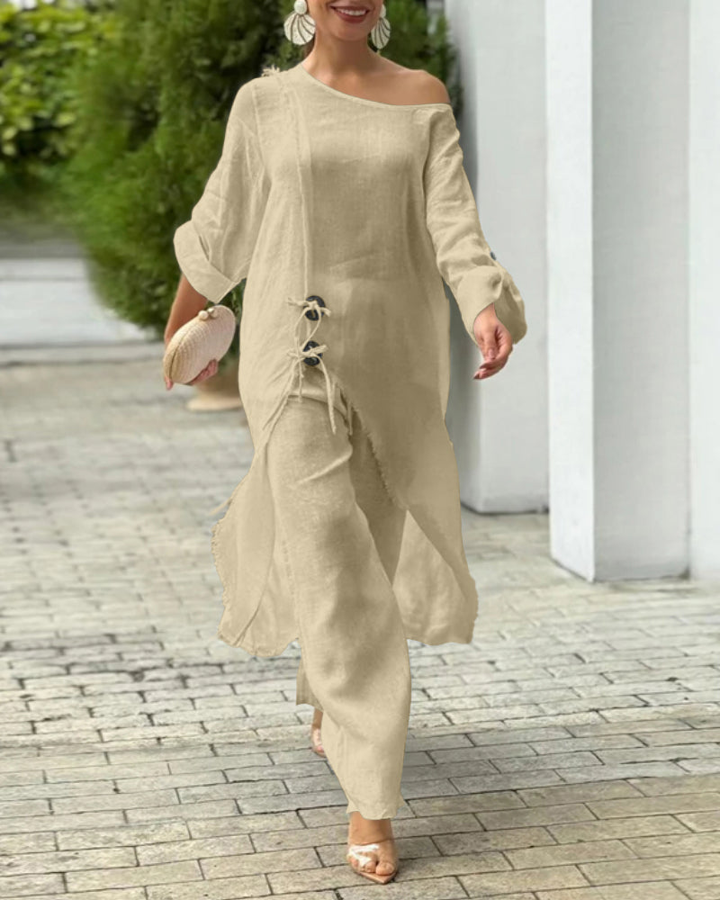 2 Pieces Outfit Button Decor One Shoulder Turn-Up Sleeves Slit Raw Edges Top and Casual Drawstring Elastic Waist Wide Leg Pants Set