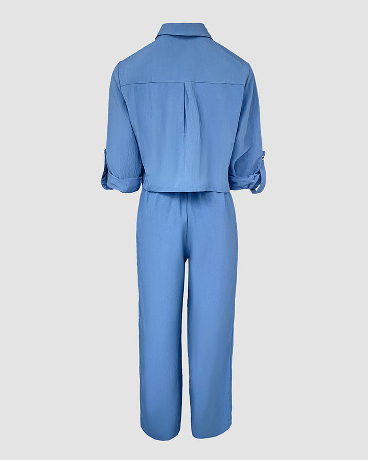 2 Pieces Outfit Turn-down Collar Turn-Up Sleeves Button Front Flap Pockets Design Top and Causal Zipper Fly Elastic Back Waist Wide Leg Pants Set