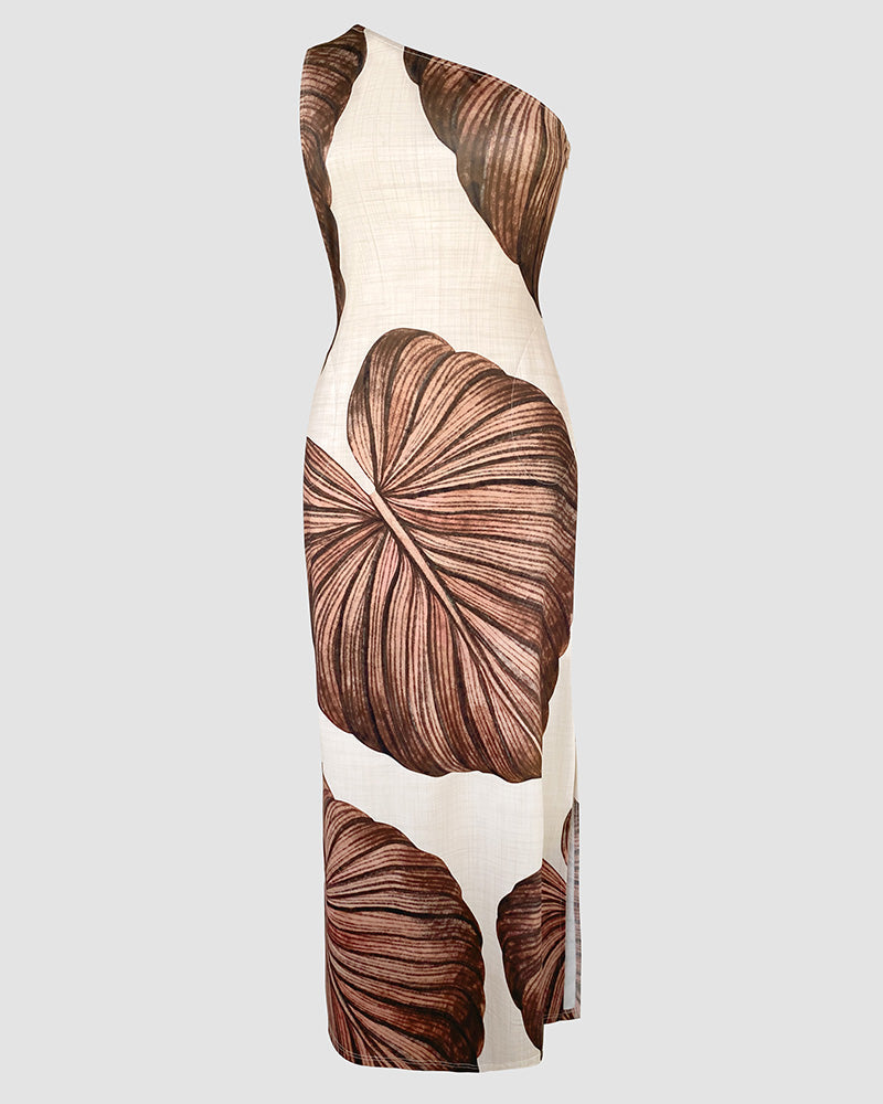 Tropical Print One Shoulder Bodycon Slit Dress Sexy Slim Fit Maxi Dress