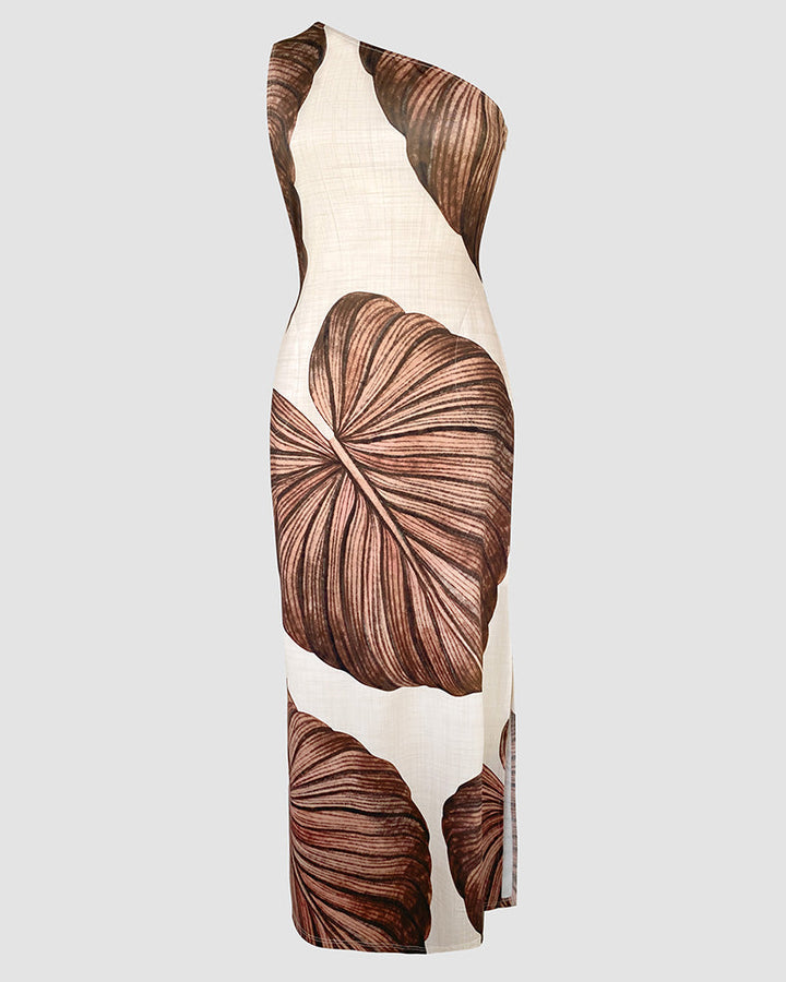 Tropical Print One Shoulder Bodycon Slit Dress Sexy Slim Fit Maxi Dress
