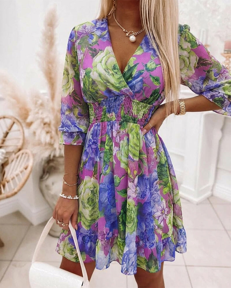 Floral Print Overlap V Neck Long Sleeve Shirred Waist Ruffle Hem Dress Casual Cinched Waist Flared Cuffs Chiffon Vacation Dress with Lining