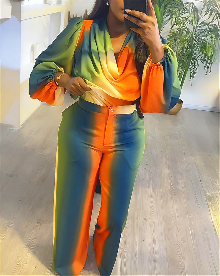 2 Pieces Outfit Cowl Neck Puff Sleeve Loose Fit Top and Zipper Fly Elastic Back Waist Wide Leg Pants Set Casual Tie Dye Print Set