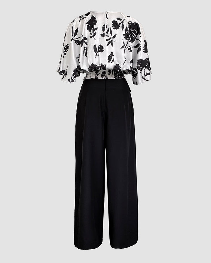 2 Pieces Outfit Floral Print Round Neck Bell Sleeve Satin Top and High Waist Wide Leg Work Pants Set
