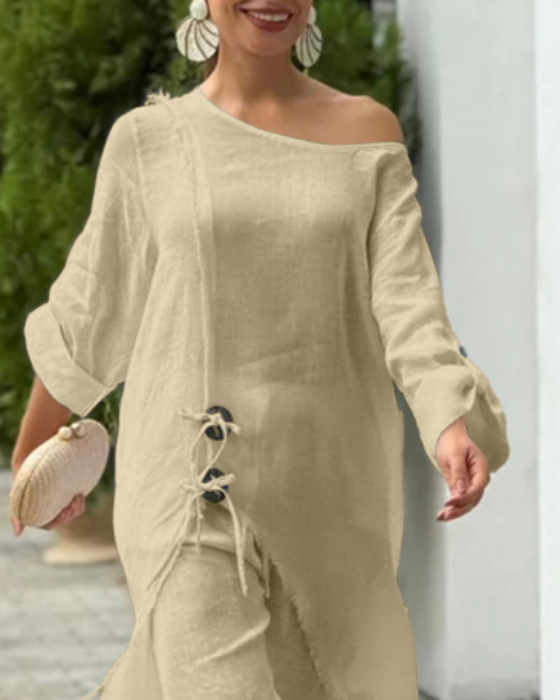 2 Pieces Outfit Button Decor One Shoulder Turn-Up Sleeves Slit Raw Edges Top and Casual Drawstring Elastic Waist Wide Leg Pants Set