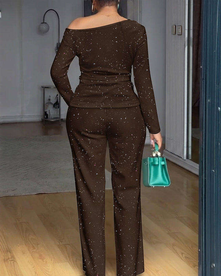 2 Pieces Outfit Cowl Neck Lace Spliced Long Sleeve Top and Elastic Waist Wide Leg Pants Set Casual Glitter Set
