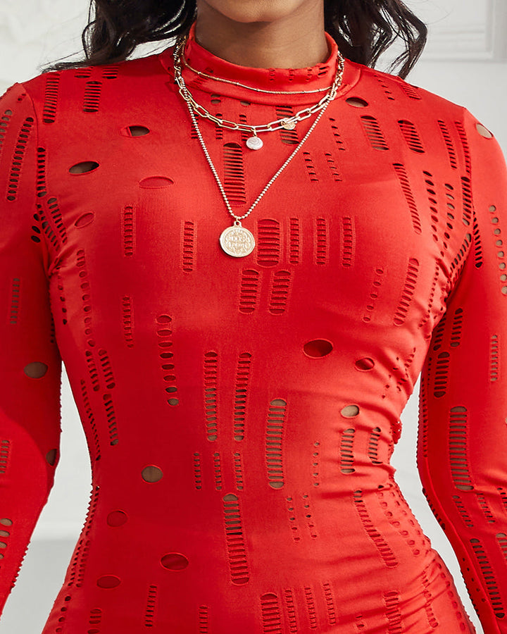 Mock Neck Long Sleeve Hollow Out Bodycon Dress Sexy Party Dress