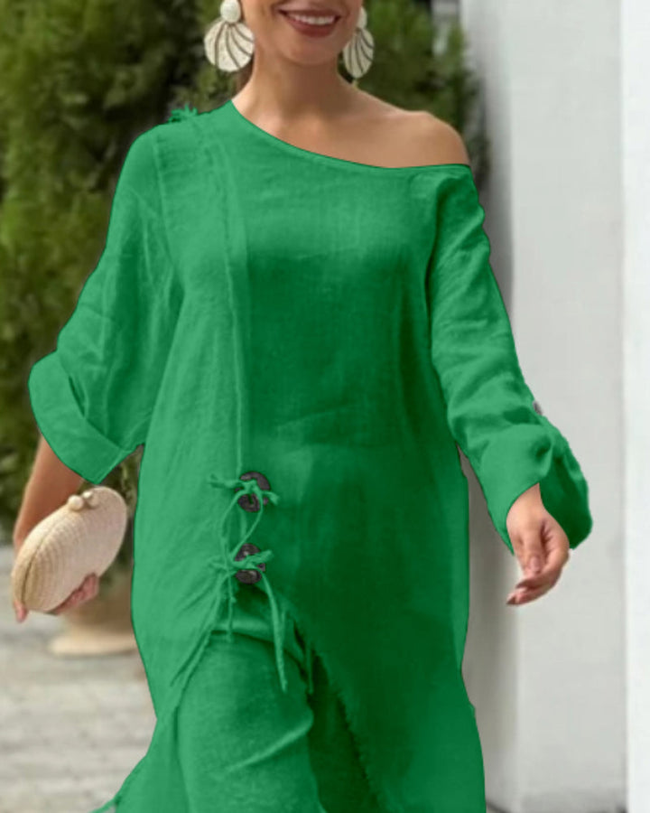 2 Pieces Outfit Button Decor One Shoulder Turn-Up Sleeves Slit Raw Edges Top and Casual Drawstring Elastic Waist Wide Leg Pants Set