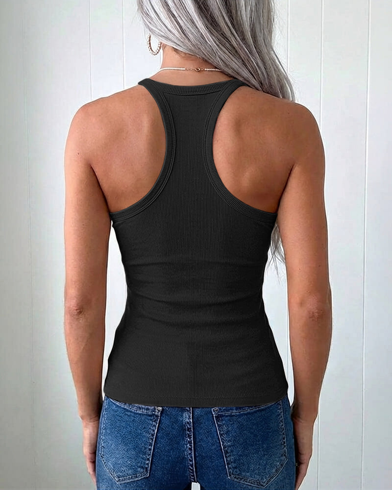 U-Neck Spaghetti Straps Ribbed Top Slim Fit Versatile Racerback Cami Top