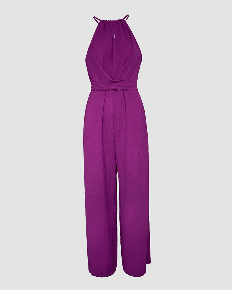 Halter Sleeveless Lace-up Jumpsuit Casual Waist Ruched Loose Fit Romper