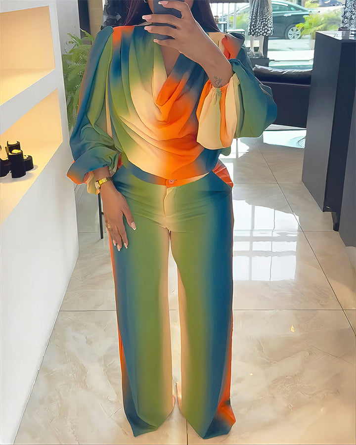 2 Pieces Outfit Cowl Neck Puff Sleeve Loose Fit Top and Zipper Fly Elastic Back Waist Wide Leg Pants Set Casual Tie Dye Print Set