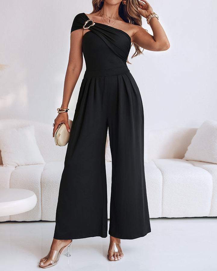 Cold Shoulder Ruched Buckle Wide Leg Jumpsuit