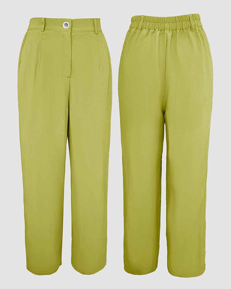 2 Pieces Outfit Turn-down Collar Turn-Up Sleeves Button Front Flap Pockets Design Top and Causal Zipper Fly Elastic Back Waist Wide Leg Pants Set