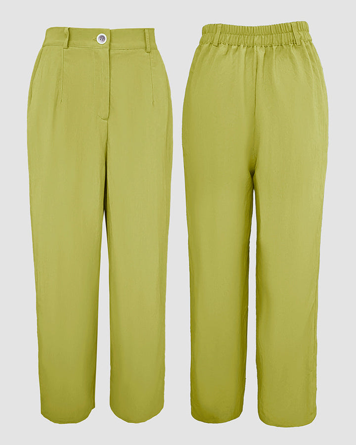 2 Pieces Outfit Turn-down Collar Turn-Up Sleeves Button Front Flap Pockets Design Top and Causal Zipper Fly Elastic Back Waist Wide Leg Pants Set