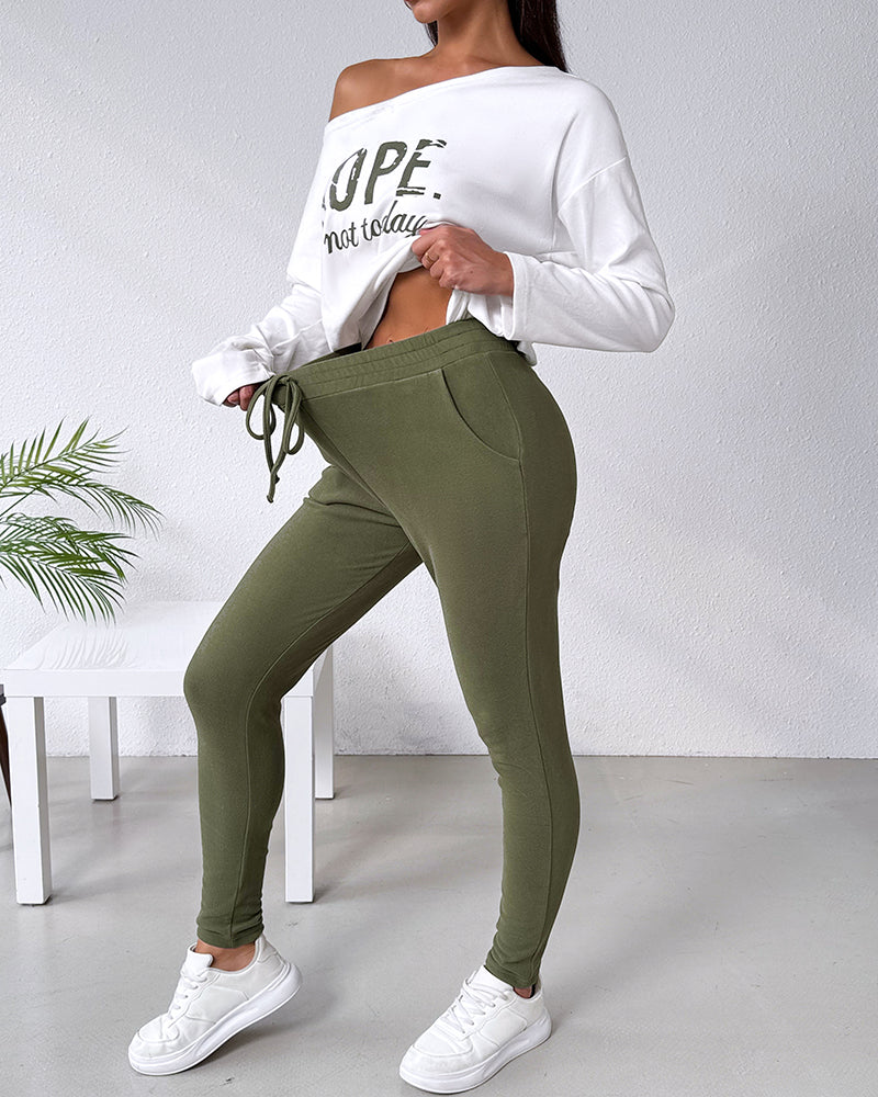 2 Pieces Outfit Nope. Not Today Slogan Print Skew Neck Long Sleeve Pullover Top And Casual Drawstring Stretchy Waist Slim Fit Pants Set