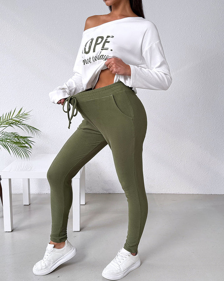 2 Pieces Outfit Nope. Not Today Slogan Print Skew Neck Long Sleeve Pullover Top And Casual Drawstring Stretchy Waist Slim Fit Pants Set