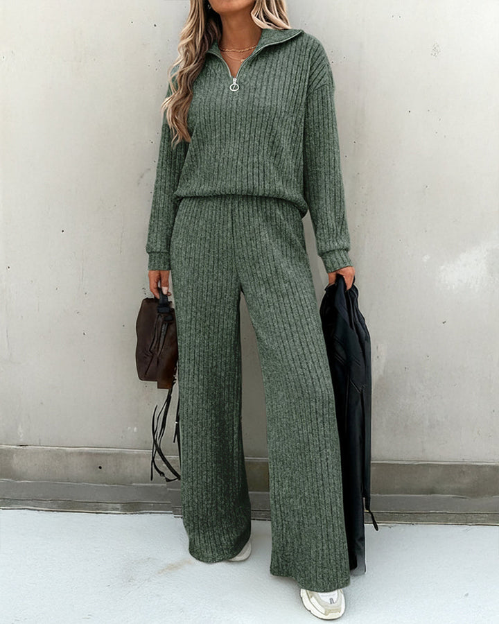 2 Pieces Outfit Turn-down Collar Long Sleeve Drop Shoulder Half Zipper Front Top and Elastic Waist Pants Set Casual Brushed Ribbed Set