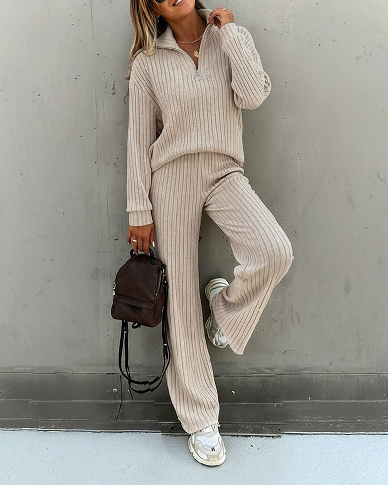 2 Pieces Outfit Turn-down Collar Long Sleeve Drop Shoulder Half Zipper Front Top and Elastic Waist Pants Set Casual Brushed Ribbed Set