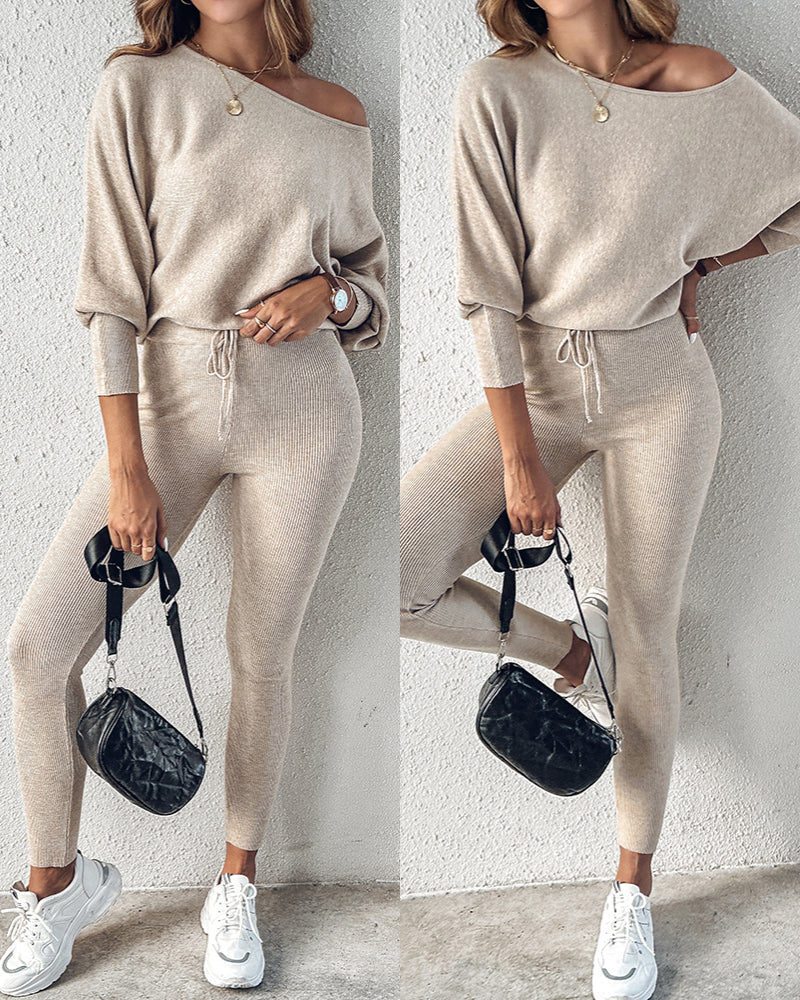 2 Pieces Outfit Skew Neck Long Sleeve Loose Pullover Top and Drawstring High Waist Slim Fit Pants Set