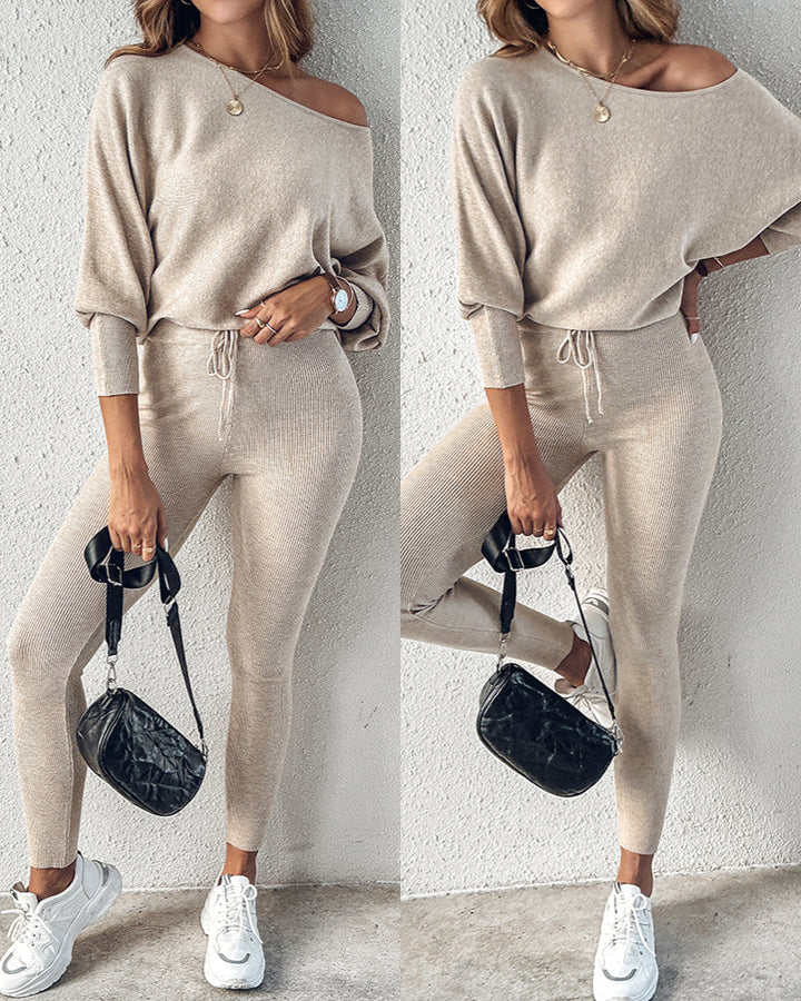 2 Pieces Outfit Skew Neck Long Sleeve Loose Pullover Top and Drawstring High Waist Slim Fit Pants Set