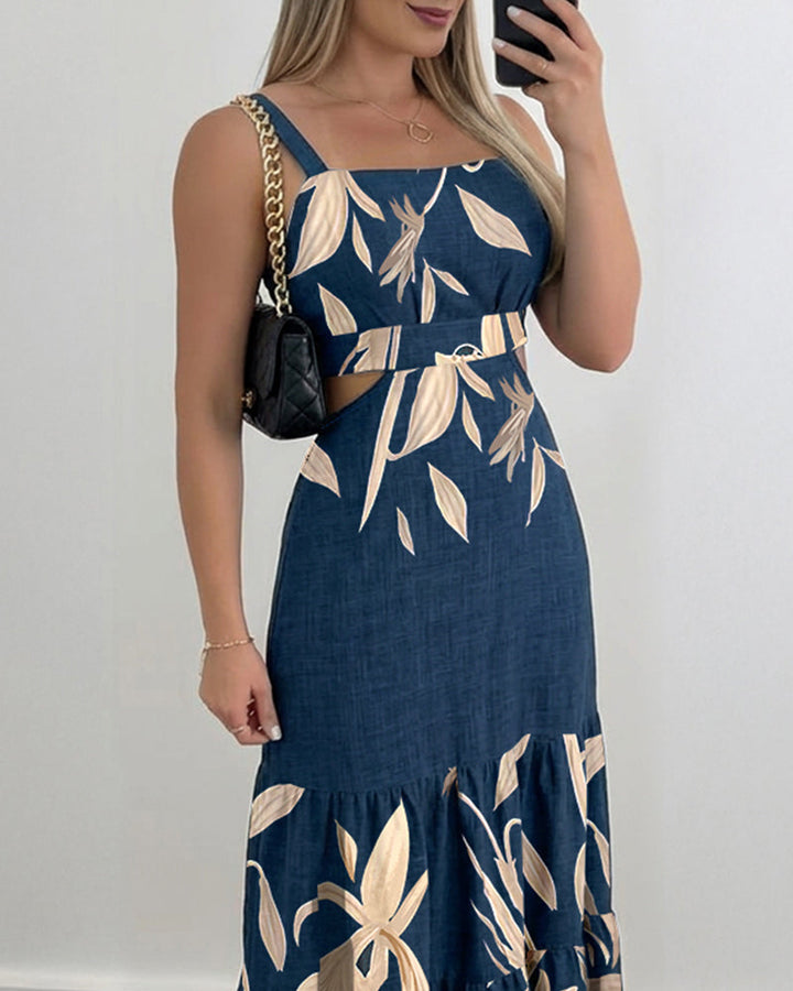 Plants Placement Print Adjustable Straps Cutout Waist Shirred Back Maxi Dress Casual Cinched Waist Ruffle Hem Vacation Dress