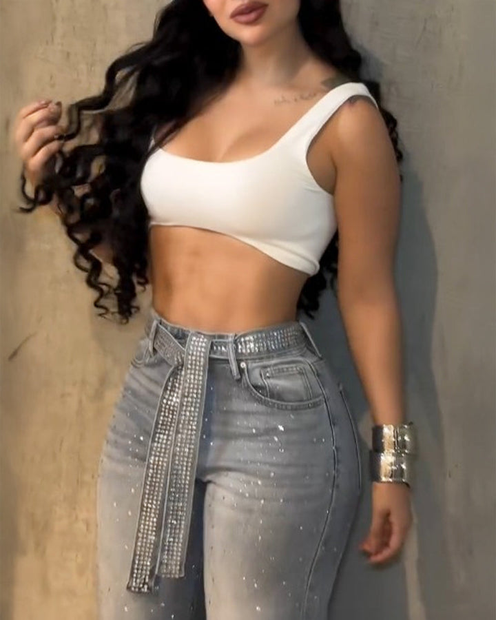 Allover Rhinestone Decor High Waist Zipper Fly Jeans Casual Flared Denim Pants with Rhinestone Decor Belt