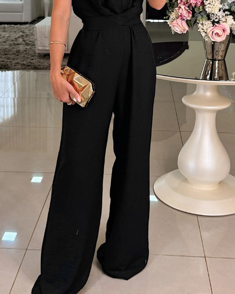 Halter Sleeveless Lace-up Jumpsuit Casual Waist Ruched Loose Fit Romper