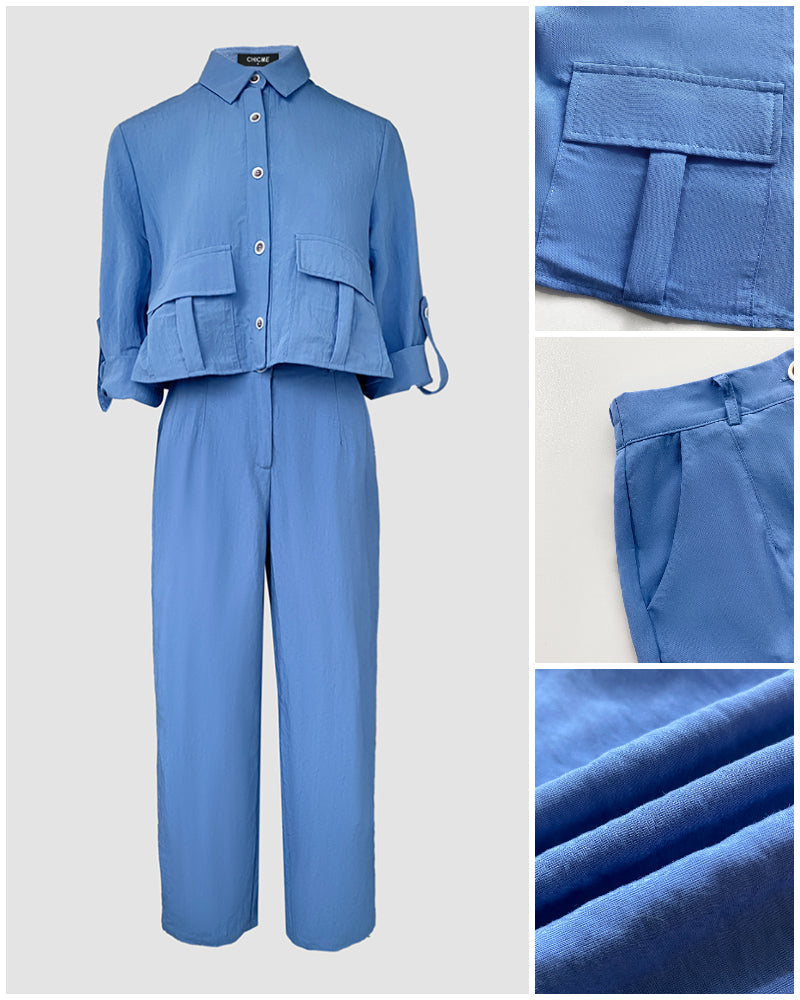 2 Pieces Outfit Turn-down Collar Turn-Up Sleeves Button Front Flap Pockets Design Top and Causal Zipper Fly Elastic Back Waist Wide Leg Pants Set