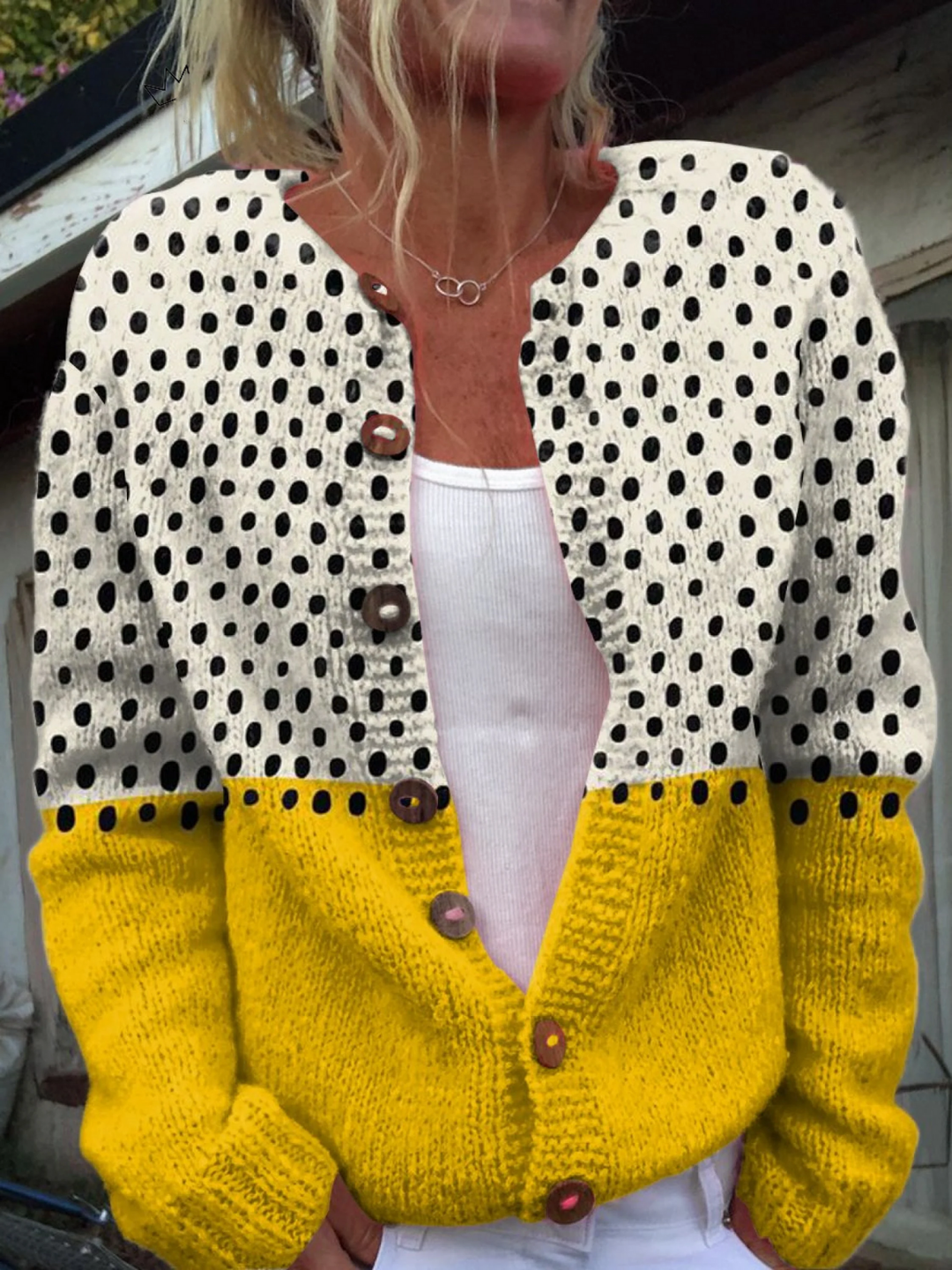 Vintage-Style Polka Dot Colourblock Knit Cardigan