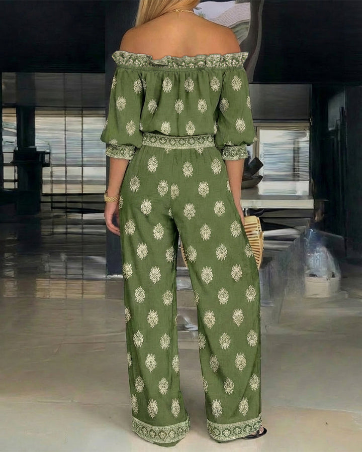 2 Pieces Outfit Stretchy Off Shoulder Half Sleeve Flared Cuffs Stretchy Hem Top and High Waist Elastic Back Waist Wide Leg Pants Set Casual Vintage Print Vacation Set