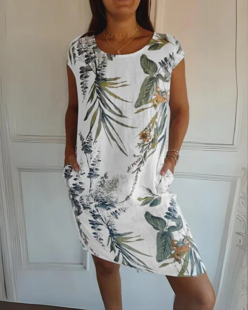 Joanna | Printed Cotton-Linen Dress with Round Neck