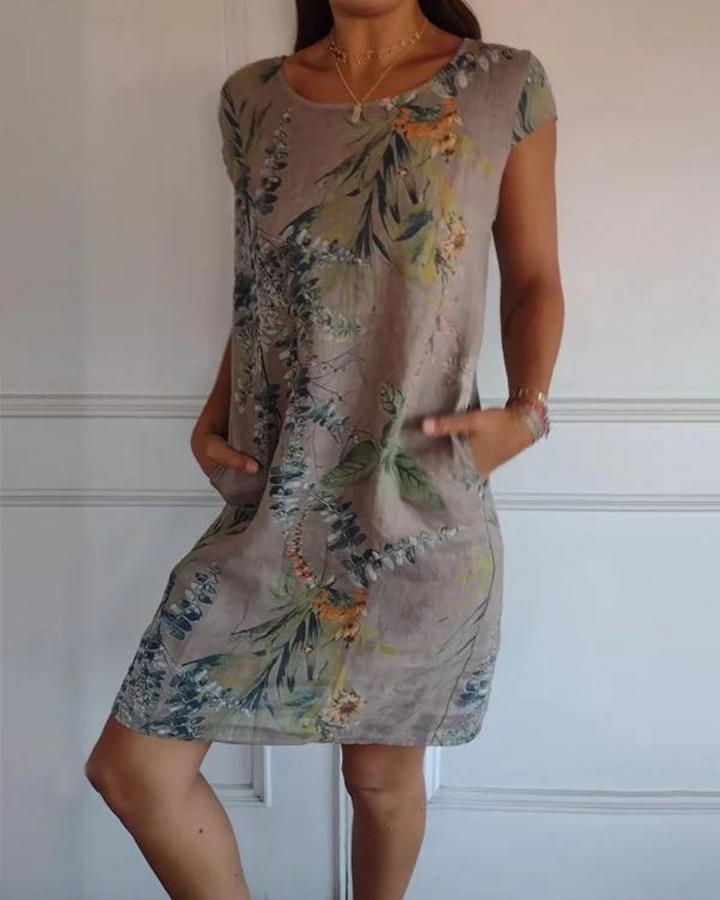 Joanna | Printed Cotton-Linen Dress with Round Neck