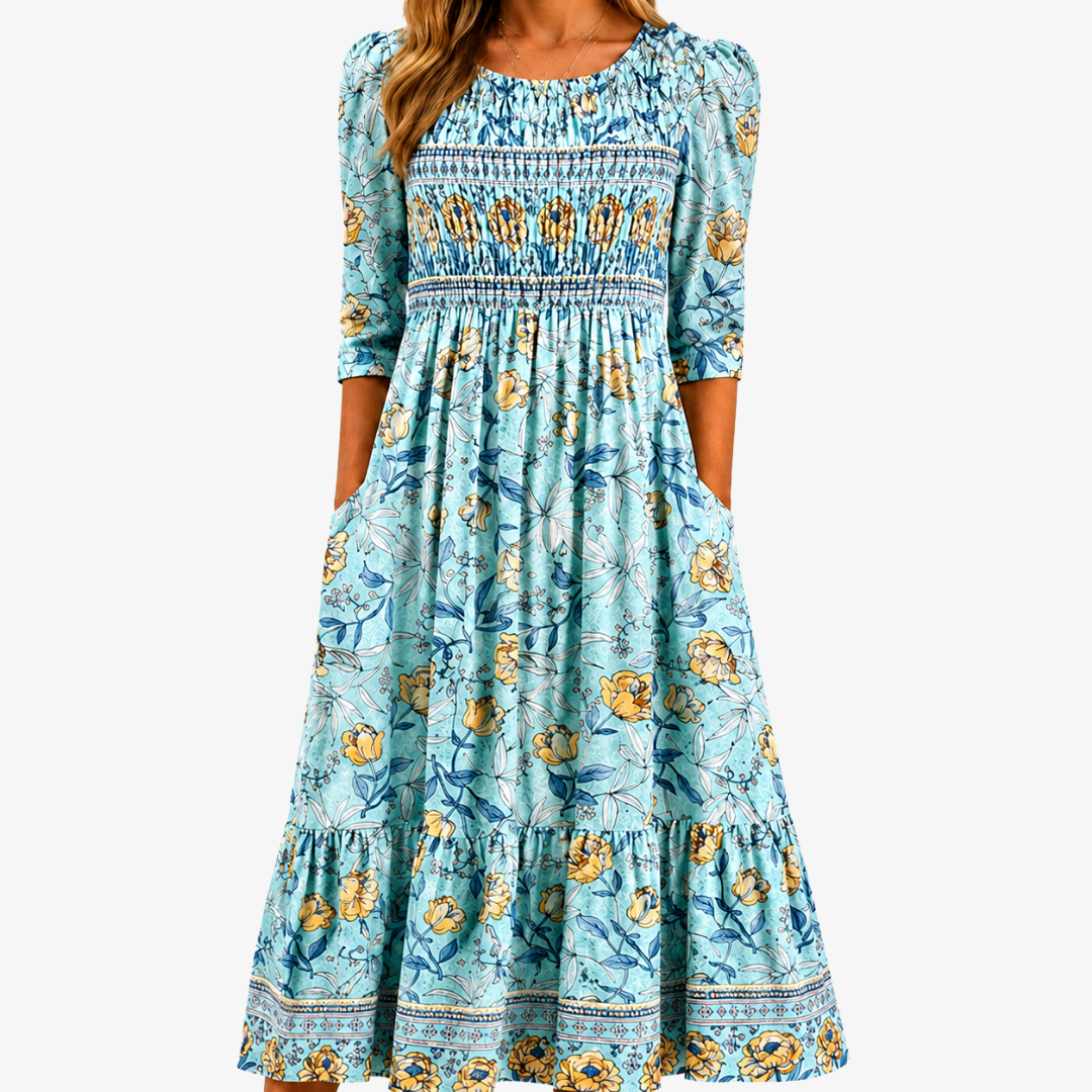 Abito midi Golden Bloom Smocked Garden