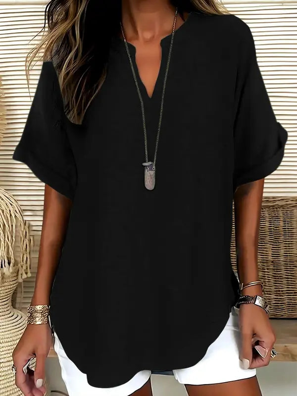 SEREIA™ - Casual Plain Short Sleeve Blouse
