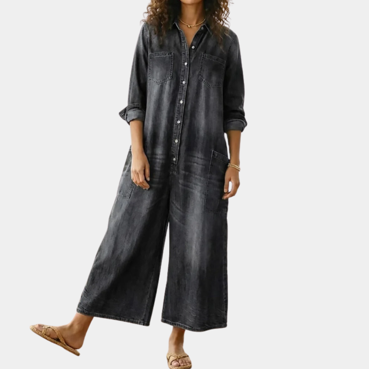 Ariana - Vintage Washed Soft Cotton Denim Jumpsuit with Button Closure