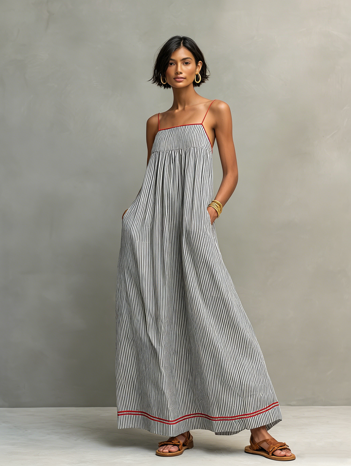 Azzurra | Maxi Dress with Thin Straps and Contrast Detail