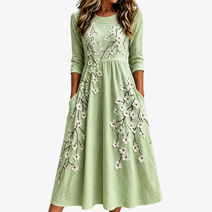 Abito midi Sage Blossom Garden con tasche