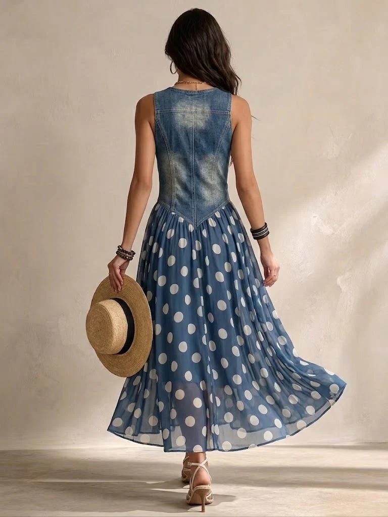 Marisa | Abito Lungo in Denim a Pois