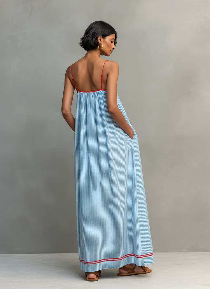 Azzurra | Maxi Dress with Thin Straps and Contrast Detail