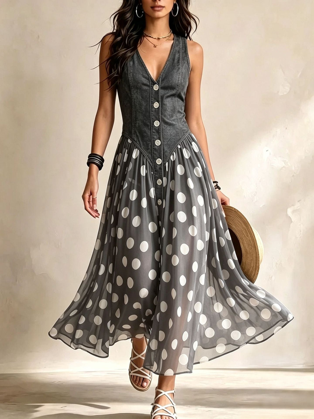 Marisa | Abito Lungo in Denim a Pois